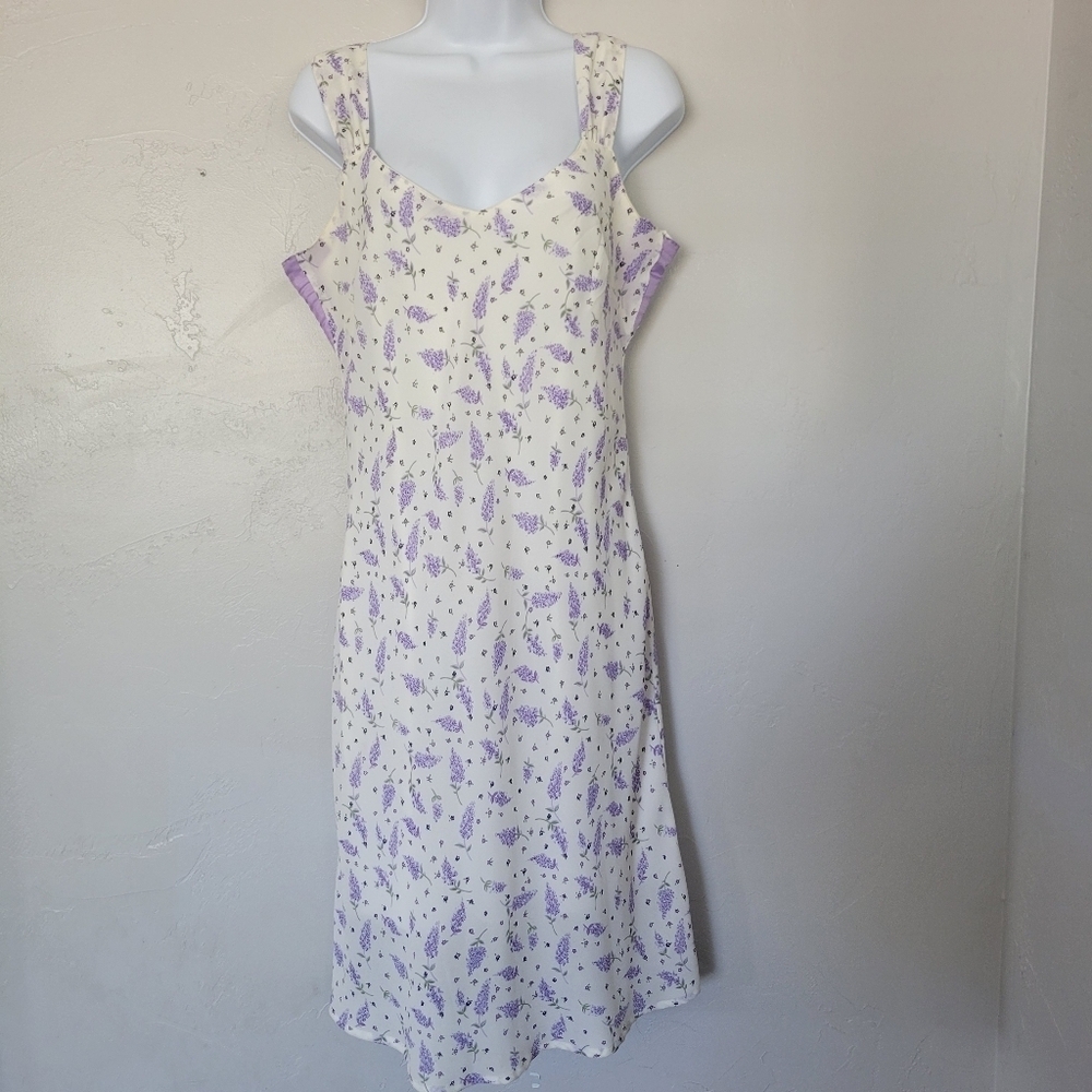 Jonathan Martin Vintage Size 9 White Midi Dress Purple Lavender Flower Print 90s